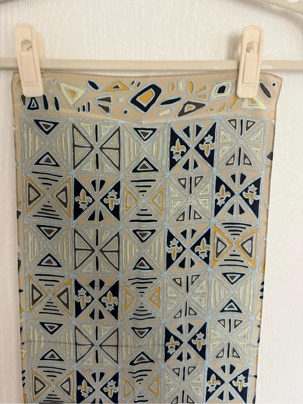 Rene Pure Soie 100% Silk Geometric Oblong Scarf Beige Blue Mustard Abstract